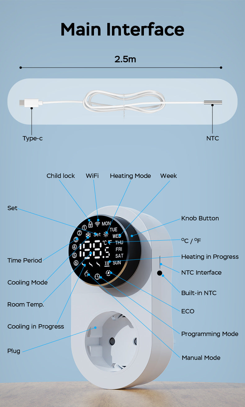 App Smart WiFi Thermostat Plug with LED Knob Screen Yieryi