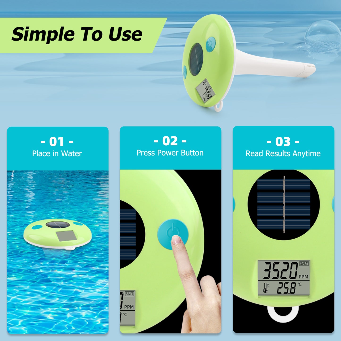 Solar-Powered Floating Pool Salt & Temperature Monitor – Waterproof, Auto-Reading, Rechargeable