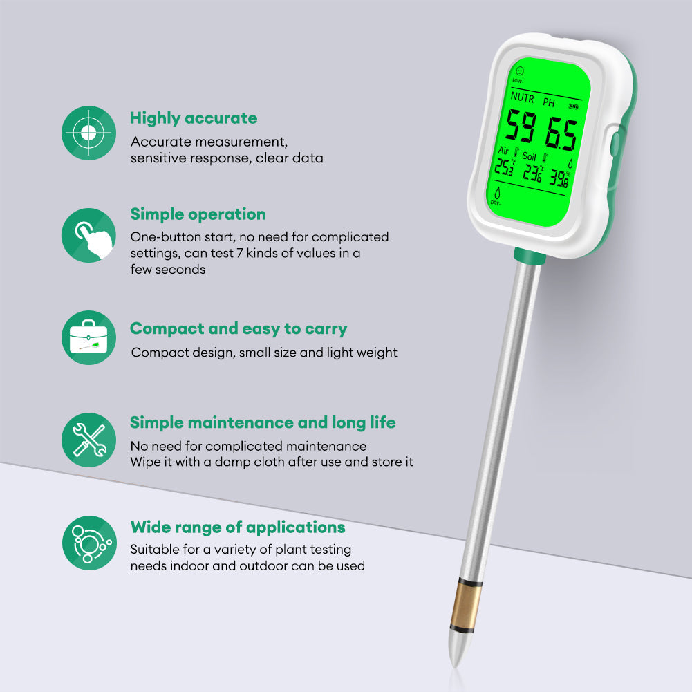 Yieryi 7-in-1 Soil Tester for Gardening & Farming | Monitor Soil pH, Moisture, Fertility, Temperature, Light & Humidity Yieryi