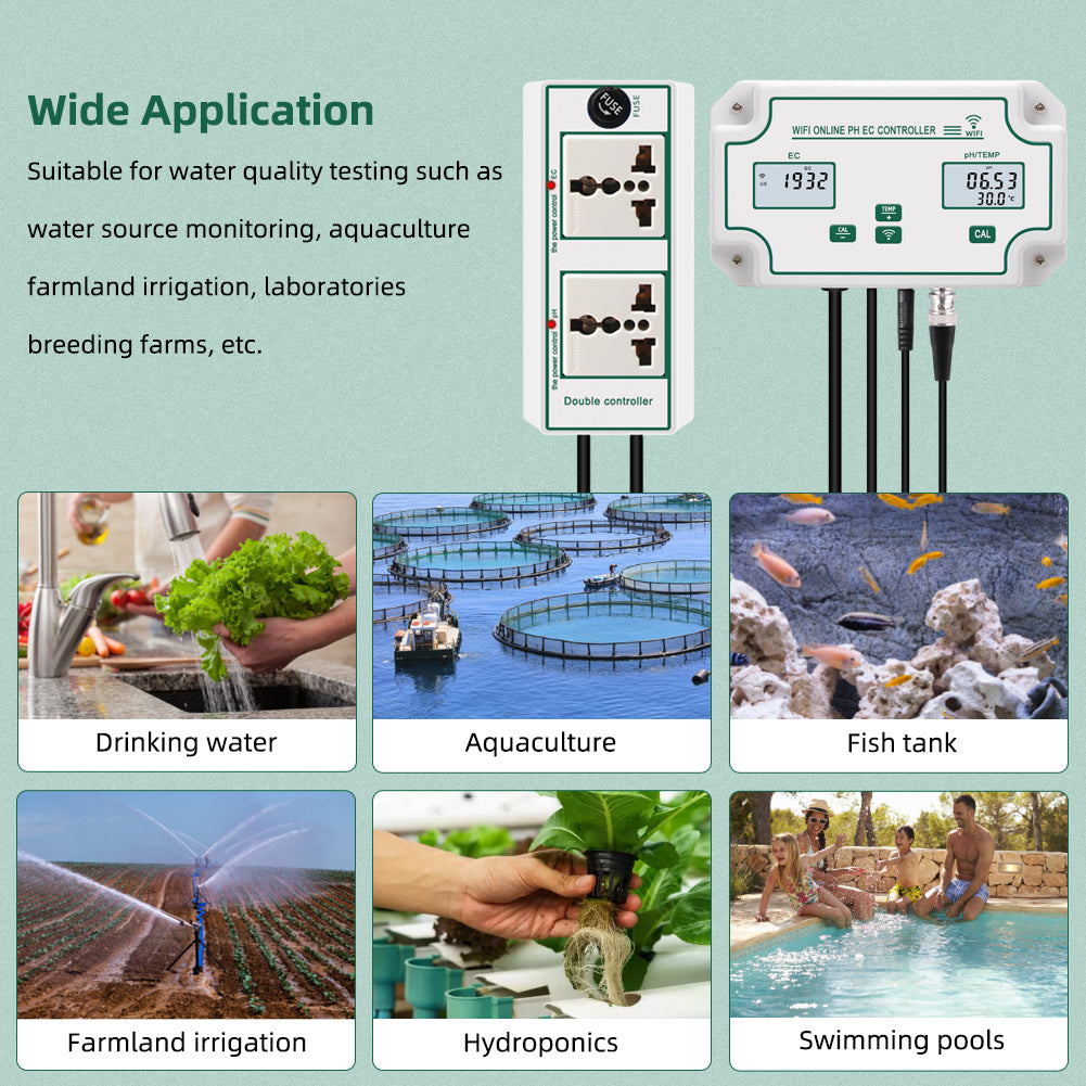 YIERYI WiFi PH EC Meter 3-in-1 Water Quality Tester Conductivity Controller for Hydroponics Aquariums Yieryi