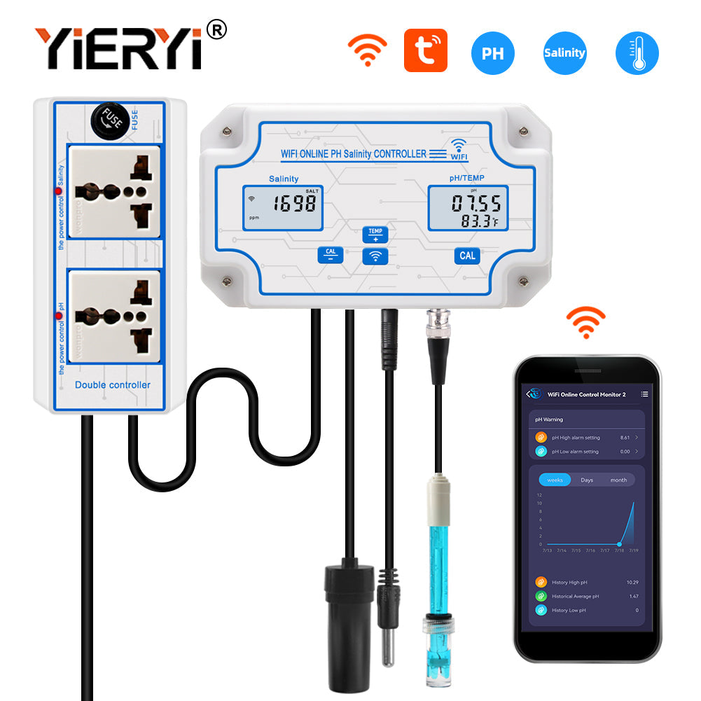 YIERYI Smart pH Meter, Seawater Salinity Tester, pH/Salt/Temp Tester for Fish Tank Aquariums Aquaculture Yieryi