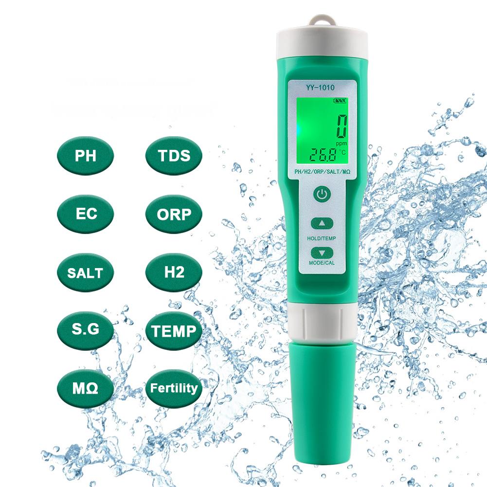 YIERYI 10 in 1 Water Quality Tester pH/TDS/EC/Salinity/Temp/S.G/ORP/H2/Fertility/Resistivity Meter Yieryi