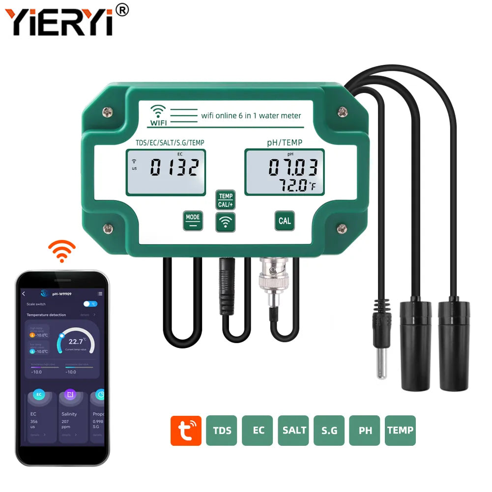 YIERYI Smart Bluetooth Water Quality Tester 6 in 1 PH/ TDS/ EC/ Salinity/ S.G./ Temp Meter WiFi APP Intelligent Control Yieryi