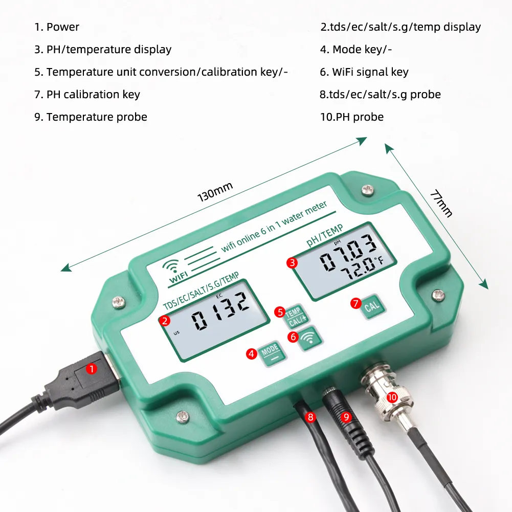 YIERYI Smart Bluetooth Water Quality Tester 6 in 1 PH/ TDS/ EC/ Salinity/ S.G./ Temp Meter WiFi APP Intelligent Control Yieryi