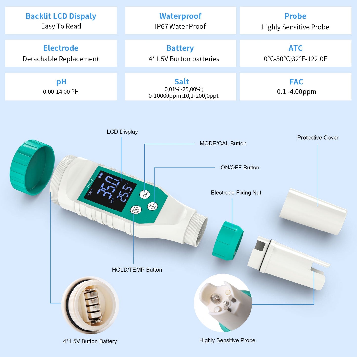 YIERYI Chlorine Meter & Pool Salt Tester, 7 in 1 pH Tester & Salinty Meter for Saltwater Aquarium Sodium Chlorine Swimming Poos Hot Tubs Spas Yieryi