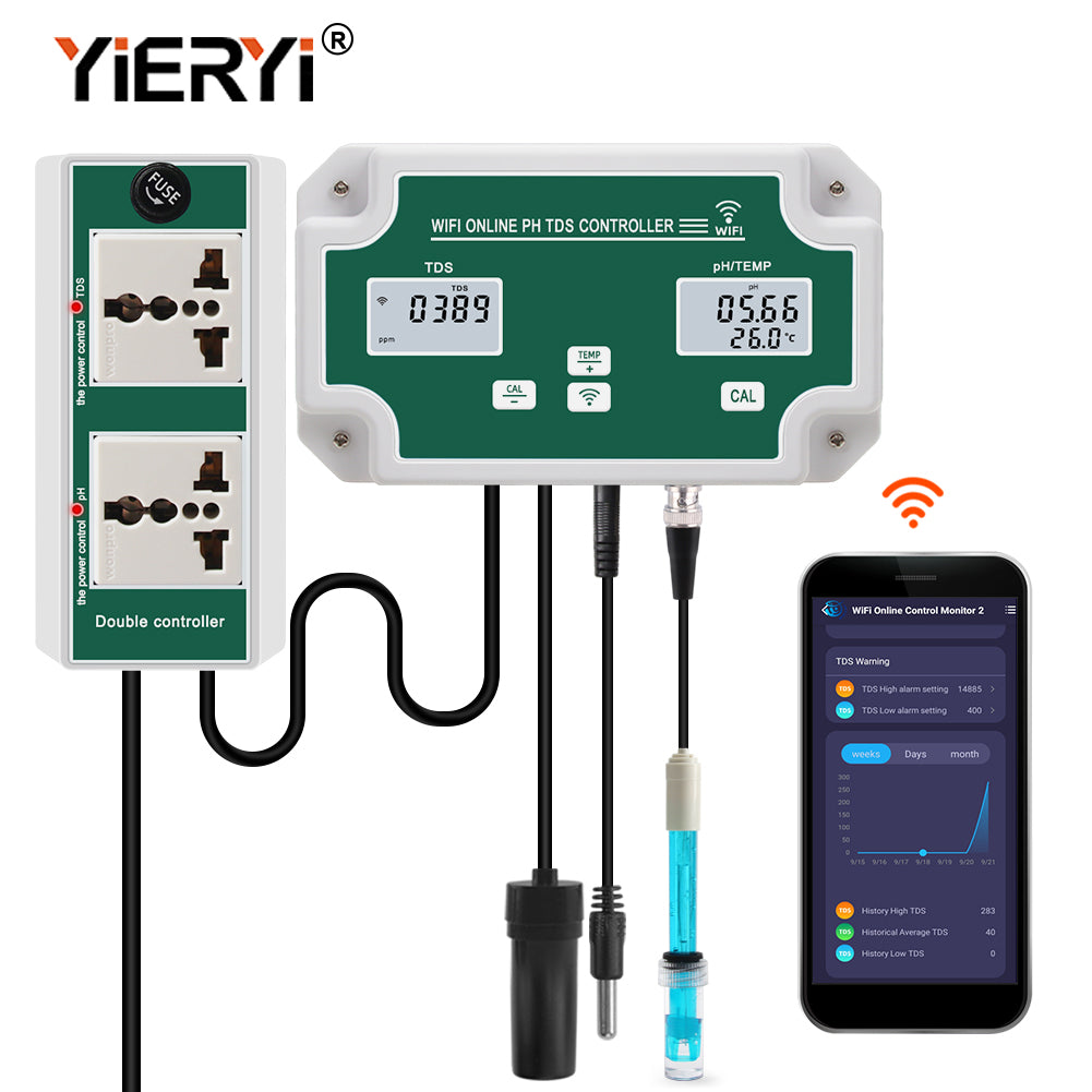 YIERYI WiFi Water Quality Monitor with Controller, Online pH TDS Monitor, Support Tuya APP Remote Control Yieryi