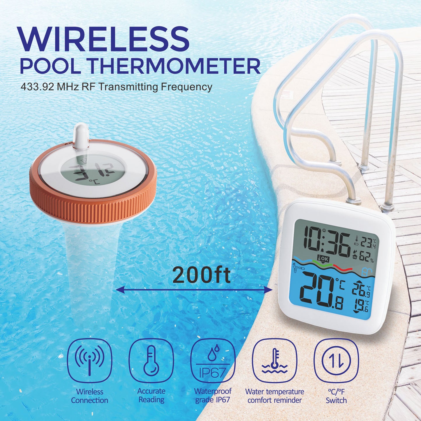 Wireless Pool Thermometer with LCD Display 200ft Range