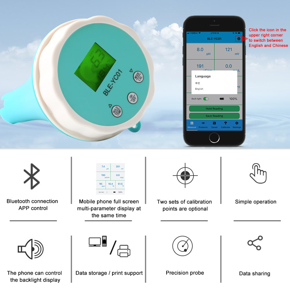 YIERYI Digital Temp CL ORP EC TDS PH Meter, Bluetooth Water Quality Tester for Swimming Pool Yieryi