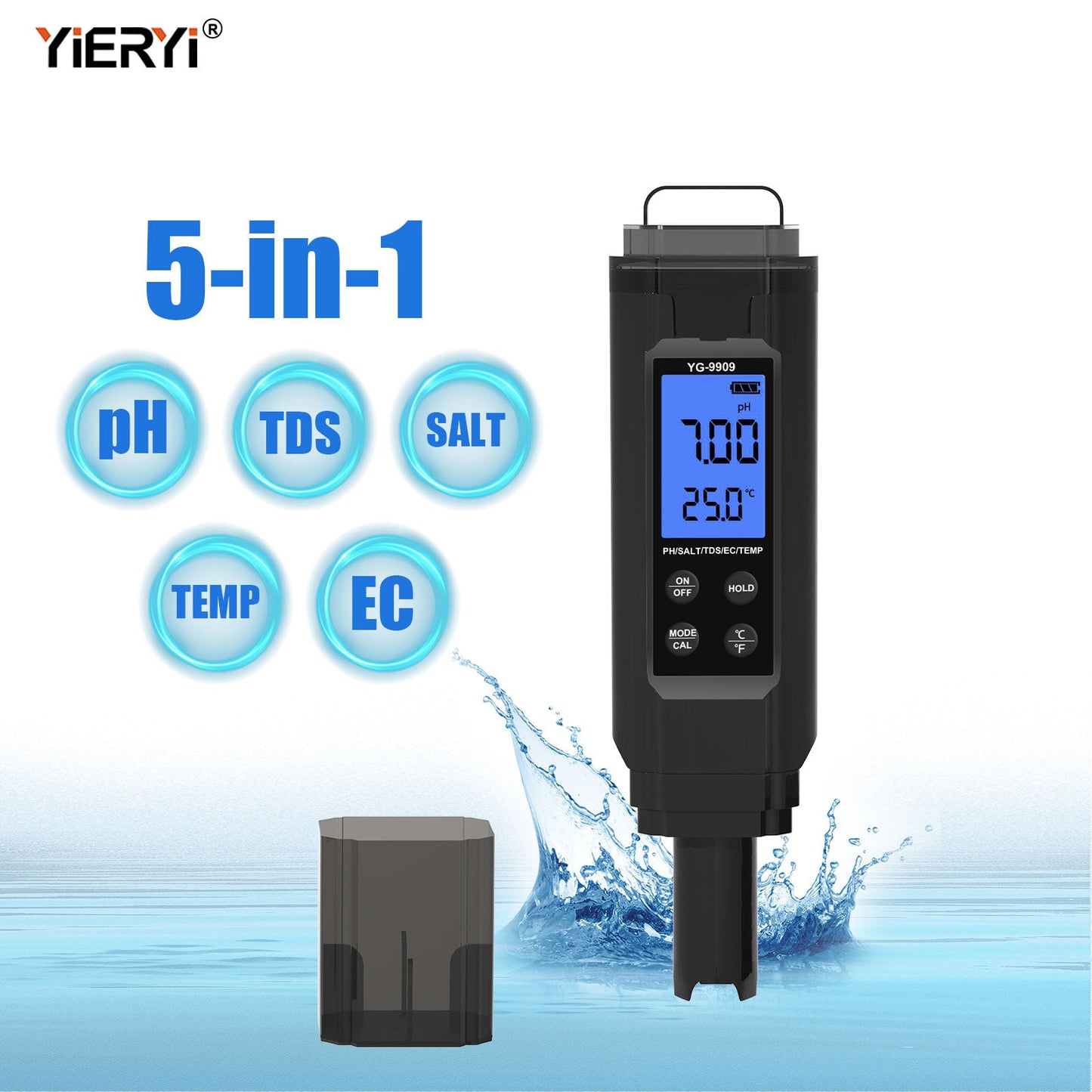 YG-9909 Digital 5-in-1 Water Quality Tester pH/TDS/EC/Salinity/Temperature Meter Yieryi
