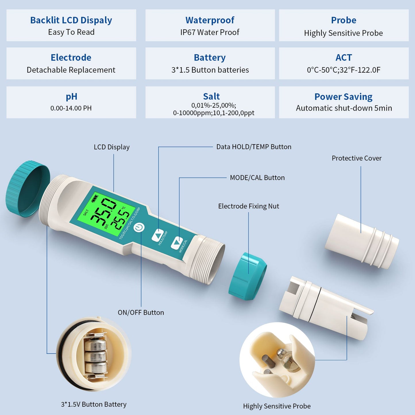 YIERYI 7-in-1 Pool Salt & pH Tester for Spas & Tubs Yieryi