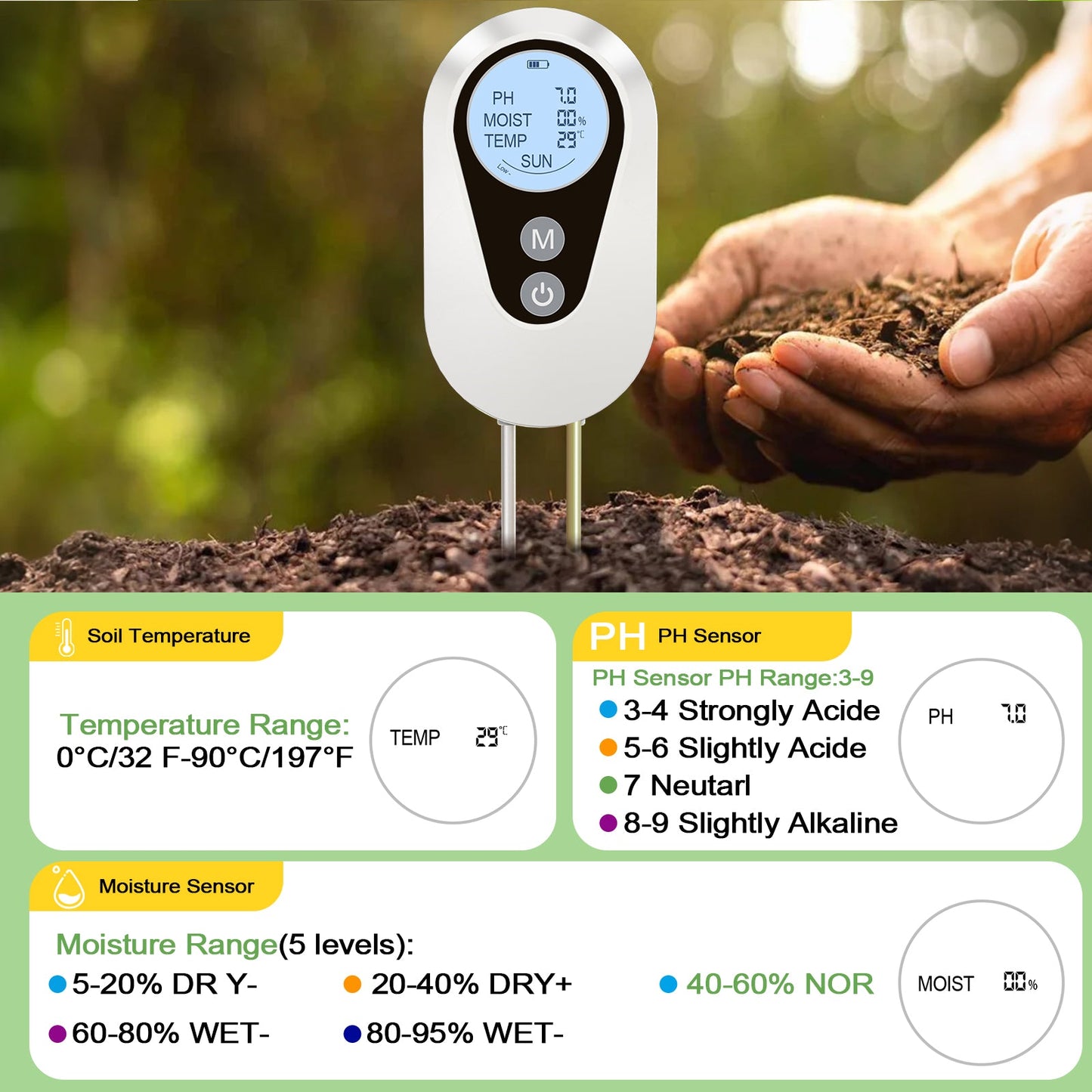 Digital Soil Tester 3-in-1 pH, Moisture & Temperature Meter Yieryi