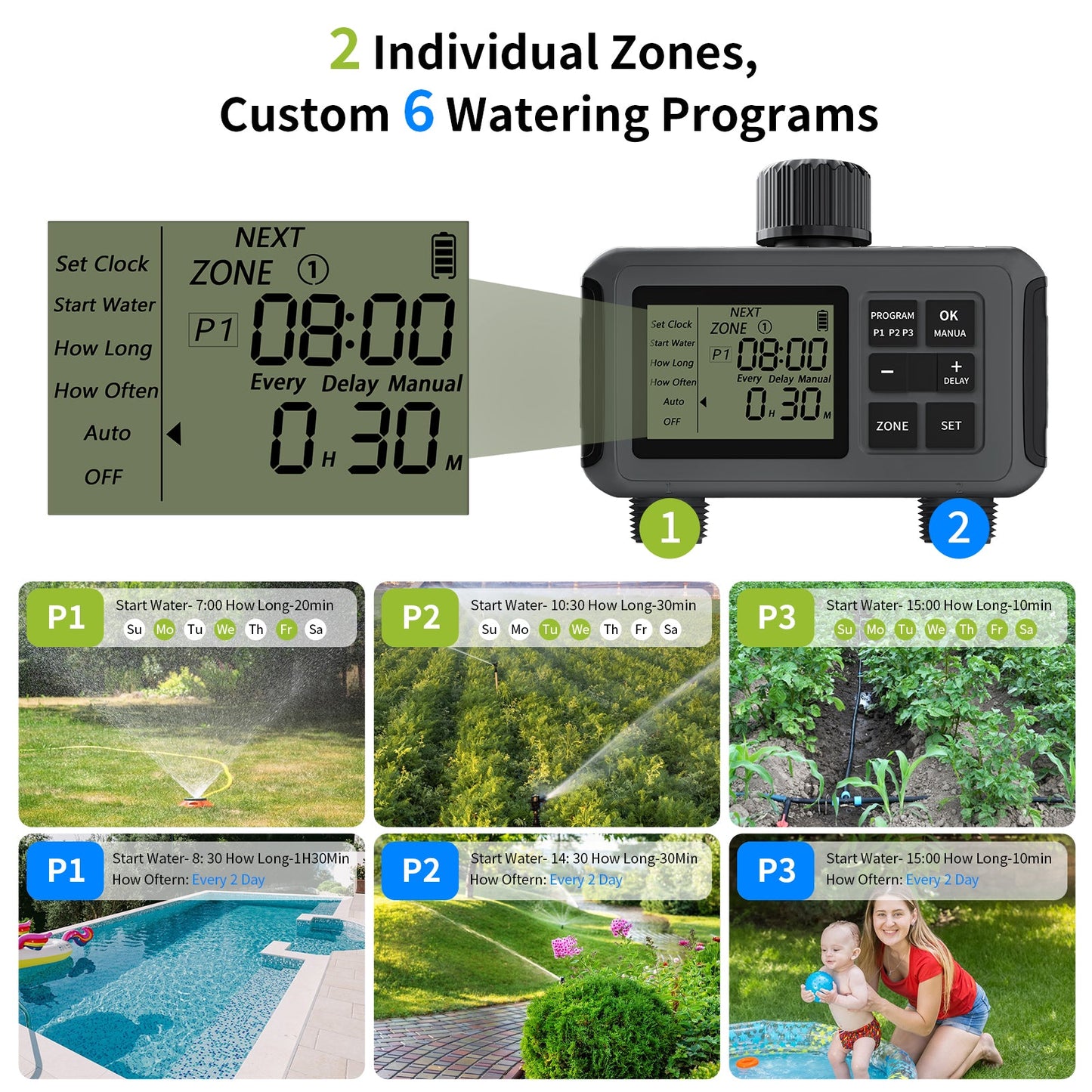 YIERYI Sprinkler Timer, Programmable Water Timer for Garden Hose, Outdoor Hose Timer for Lawns, Yard and Pool, 2 Outlet Yieryi