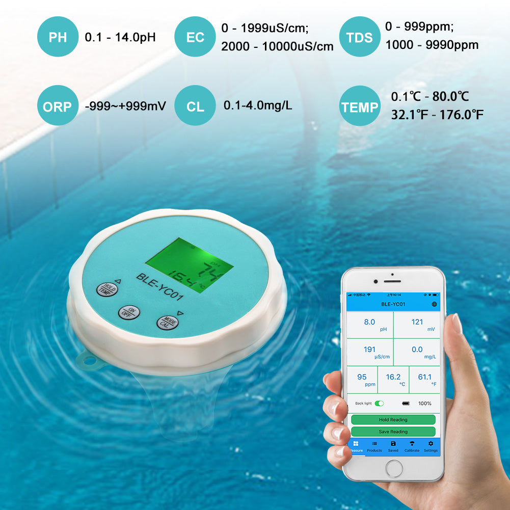 YIERYI Digital Temp CL ORP EC TDS PH Meter, Bluetooth Water Quality Tester for Swimming Pool Yieryi