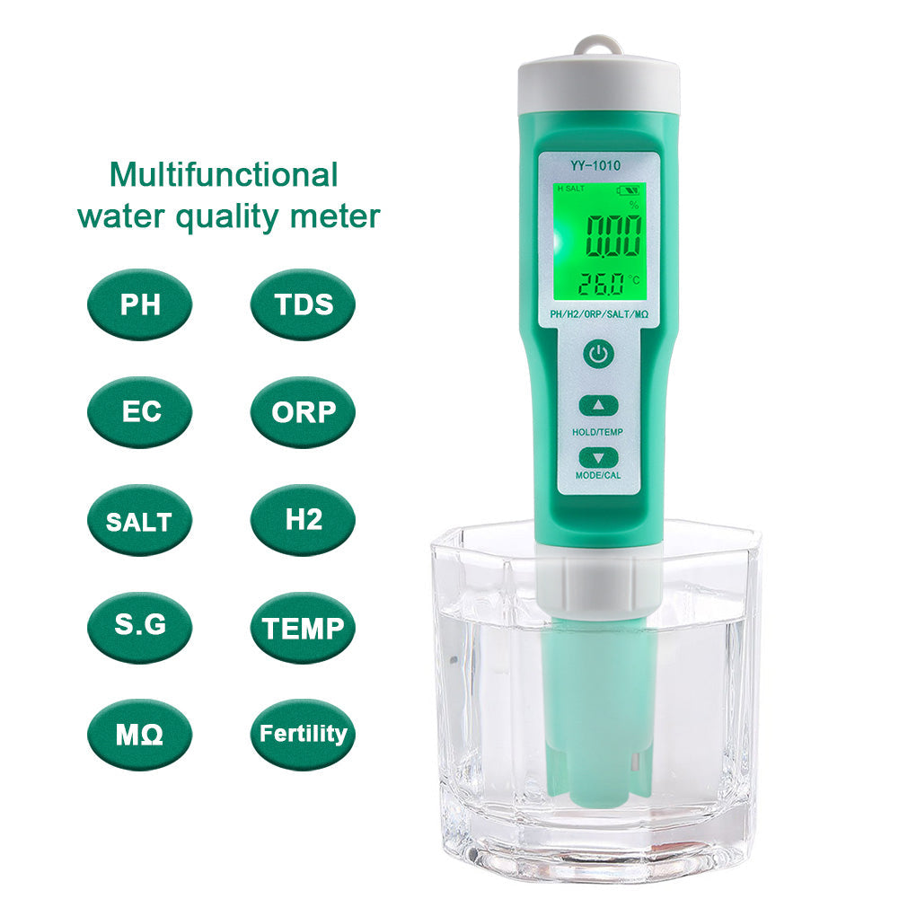 YIERYI 10 in 1 Water Quality Tester pH/TDS/EC/Salinity/Temp/S.G/ORP/H2/Fertility/Resistivity Meter Yieryi