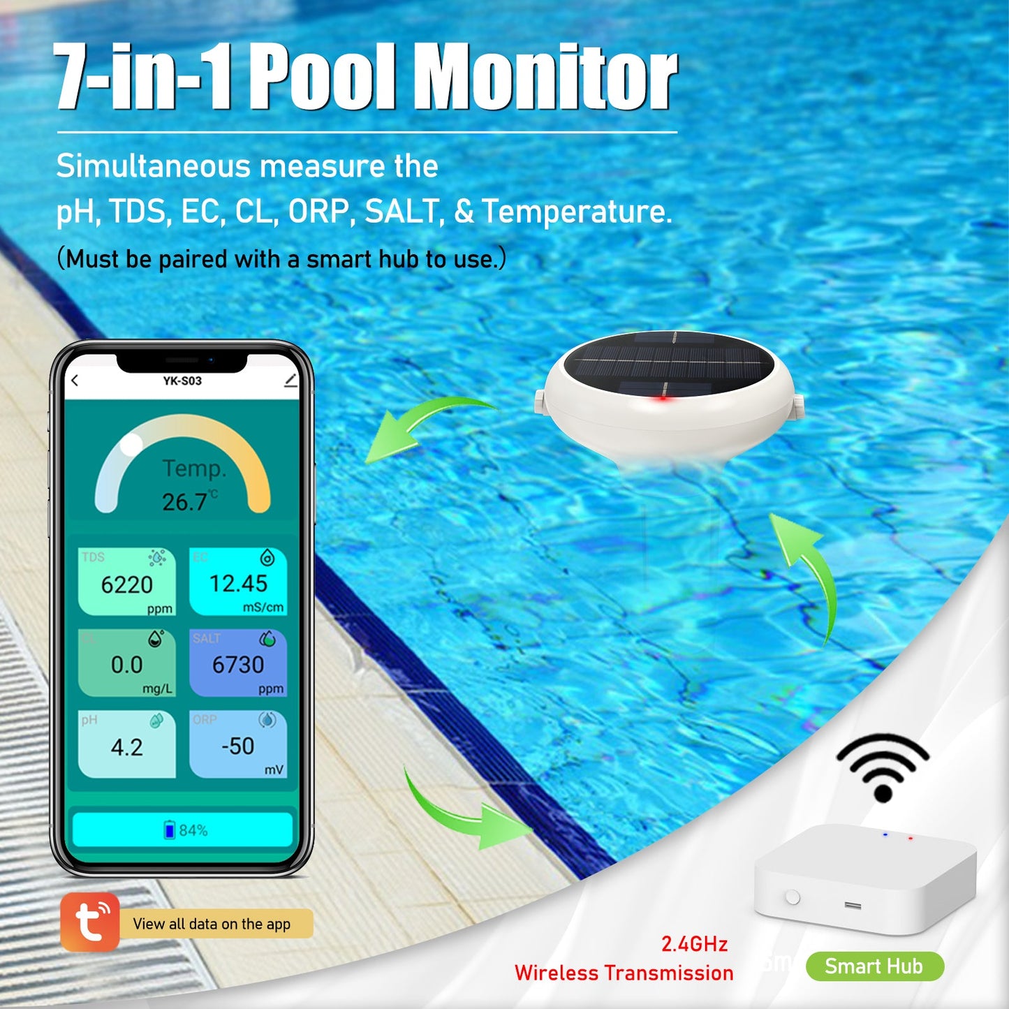 YIERYI 7-in-1 pH Meter, Pool Salt Tester, Chlorine Tester with Smart Hub, Digital Chlorine Meter for Swimming Pools Yieryi