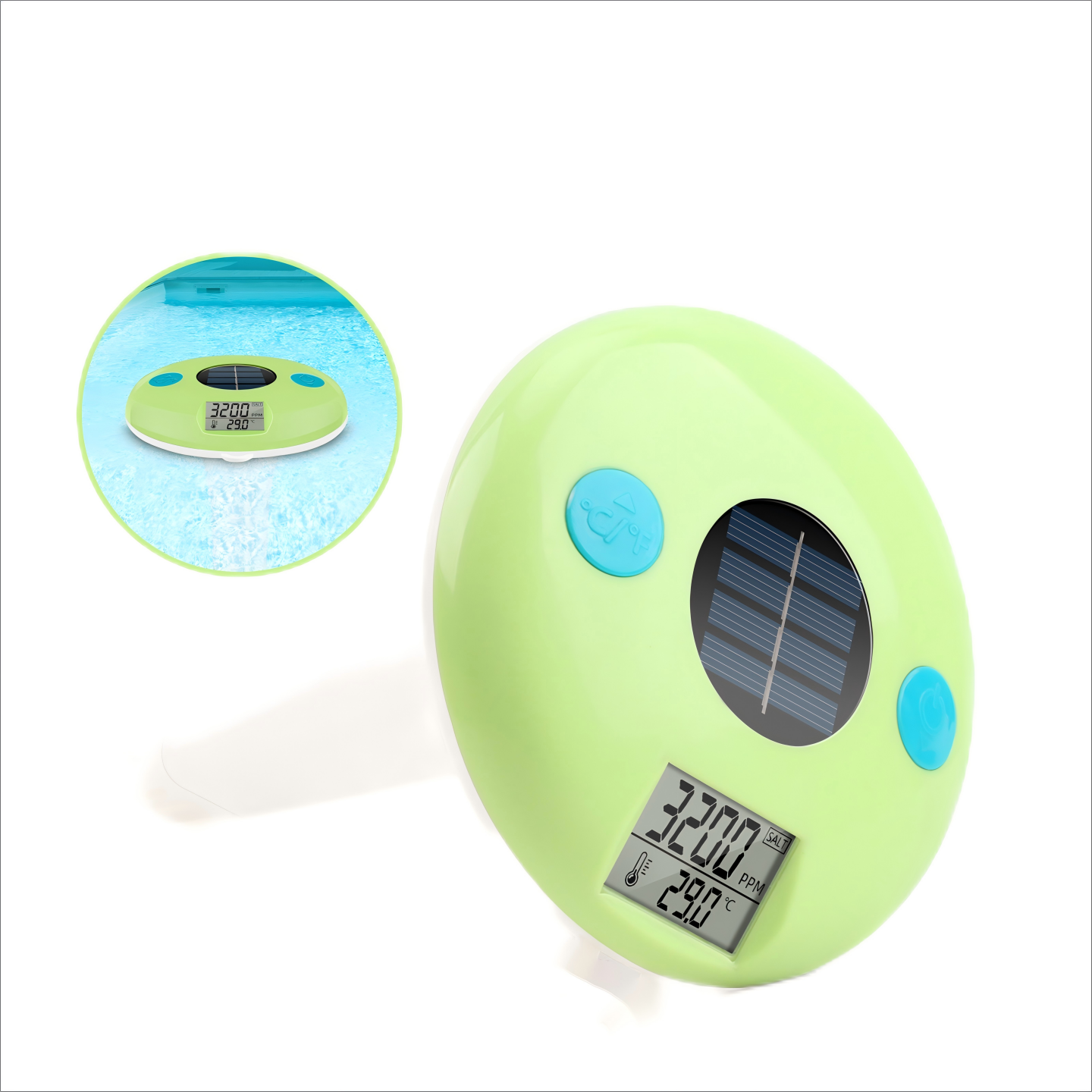 Solar-Powered Floating Pool Salt & Temperature Monitor – Waterproof, Auto-Reading, Rechargeable
