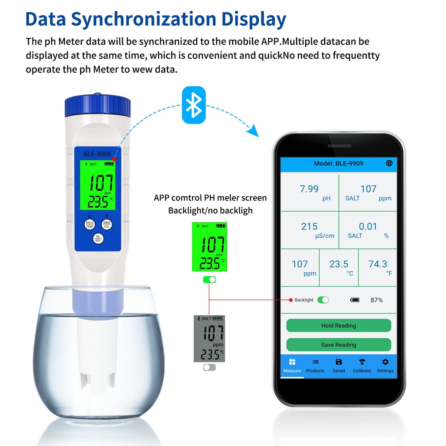 YIERYI 5 in 1 Salinity Meter, TDS EC Temp pH Tester, Bluetooth pH Meter for Drinking, Pool, Swimming Pool and Aquarium Yieryi