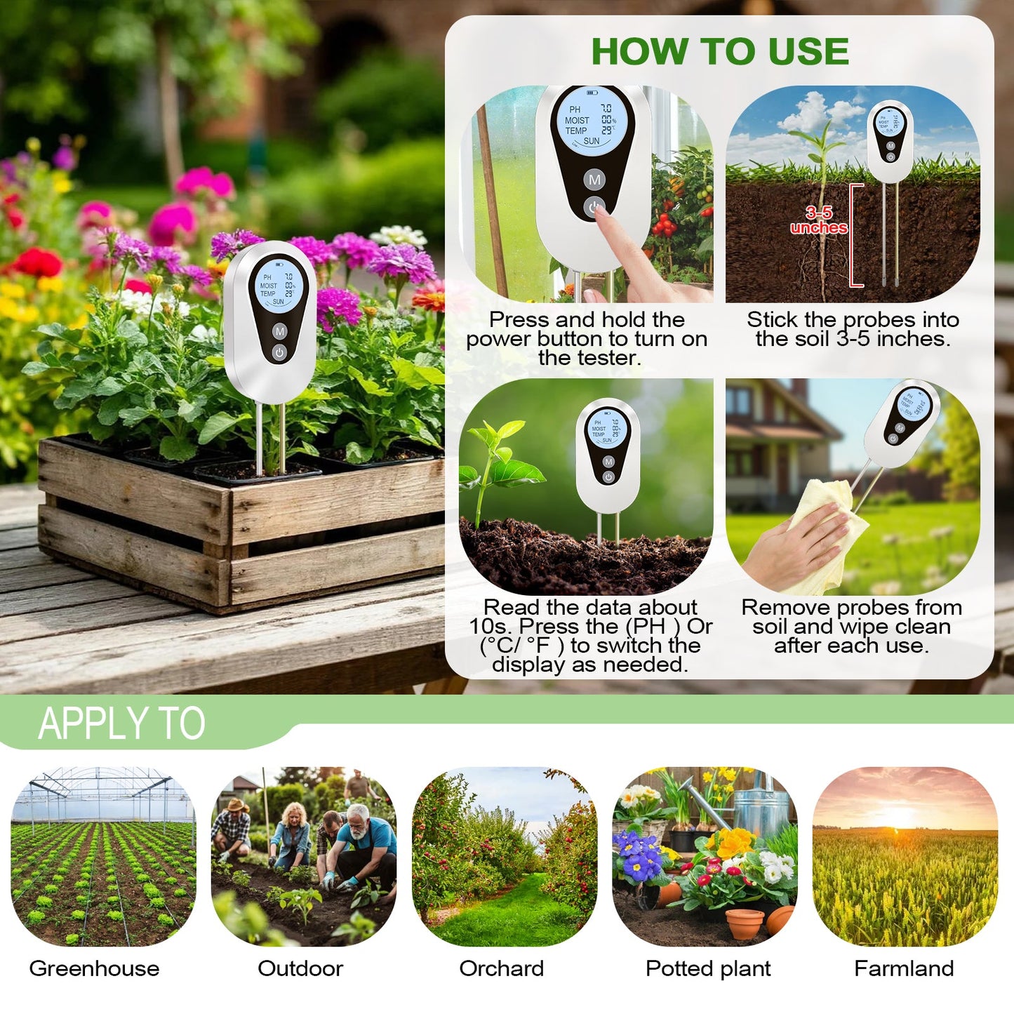 Digital Soil Tester 3-in-1 pH, Moisture & Temperature Meter Yieryi