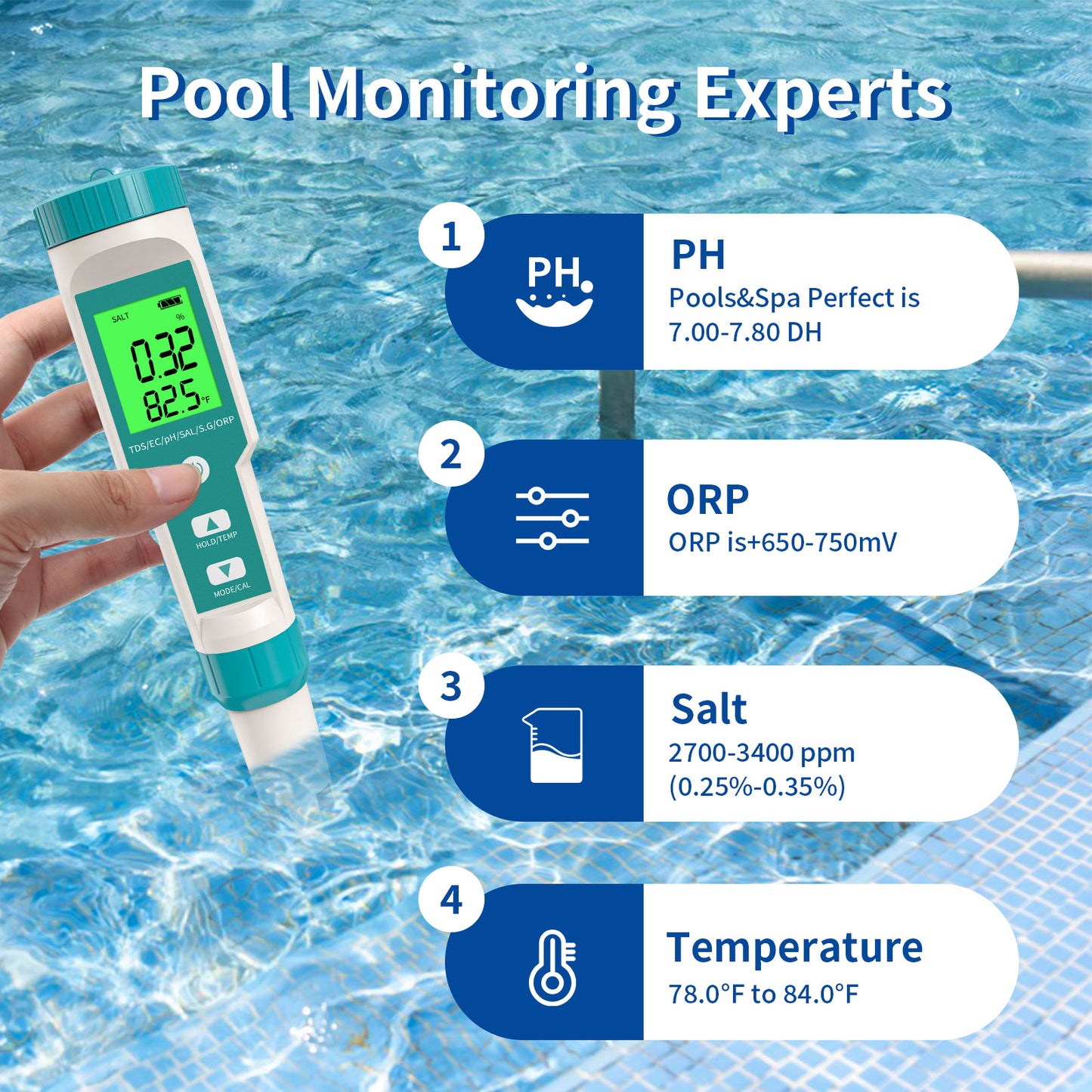 YIERYI Pool Salt Tester, pH and Salt Meter for Saltwater Pool pH Tester and Digital Salinity Tester 7 in 1 Salinity Meter for Pools Hot Tubs and Spas