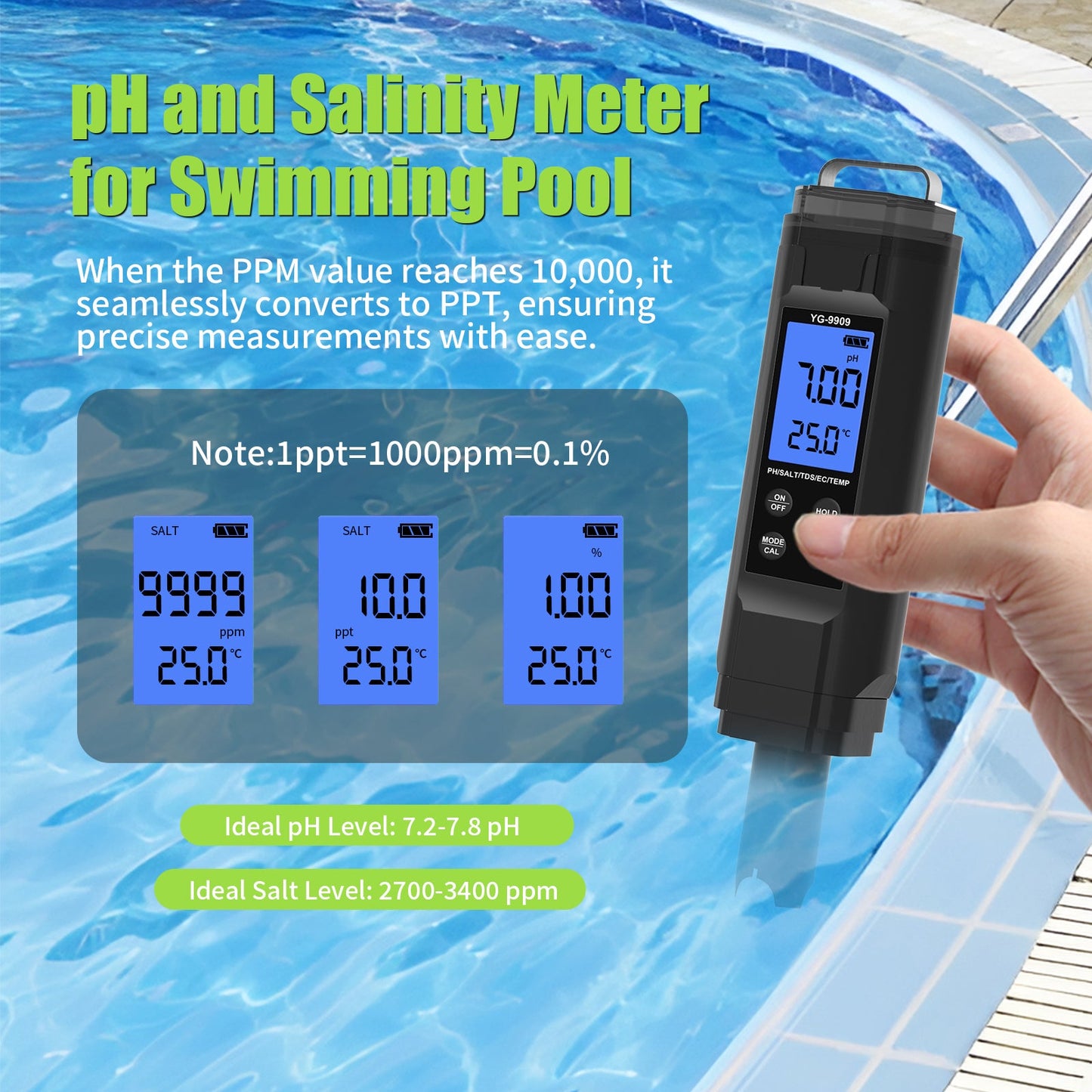 YG-9909 Digital 5-in-1 Water Quality Tester pH/TDS/EC/Salinity/Temperature Meter Yieryi