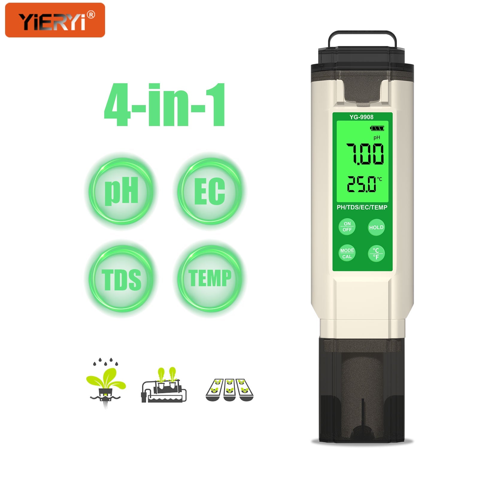 YiERYi YG-9908 4-in-1 Water Tester – pH, EC, TDS, Temp Yieryi