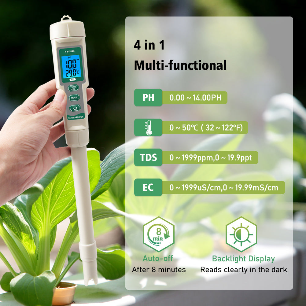 YIERYI pH Meter TDS Meter , 4 in 1 EC TDS Temp pH Tester for Hydroponics, Digital EC Meter for Nutrients Growing, Indoor Garden Yieryi