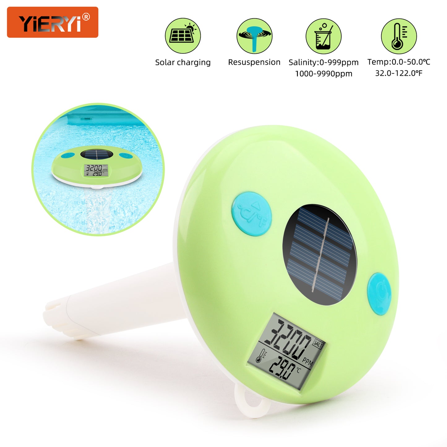 Solar-Powered Floating Pool Salt & Temperature Monitor – Waterproof, Auto-Reading, Rechargeable