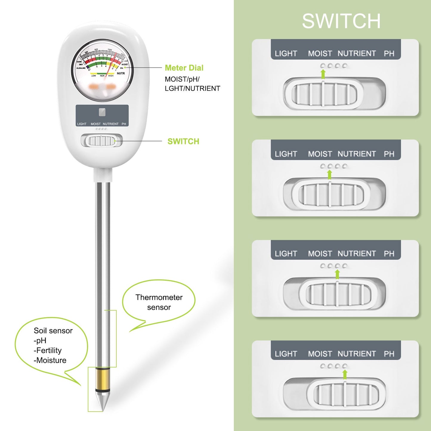 YIERYI 4 in 1 Soil pH Meter, Soil Moisture Meter, Soil Tester for Moisture, Light, Nutrients, pH, Soil Meter Kit Great for Garden, Lawn, Farm Yieryi