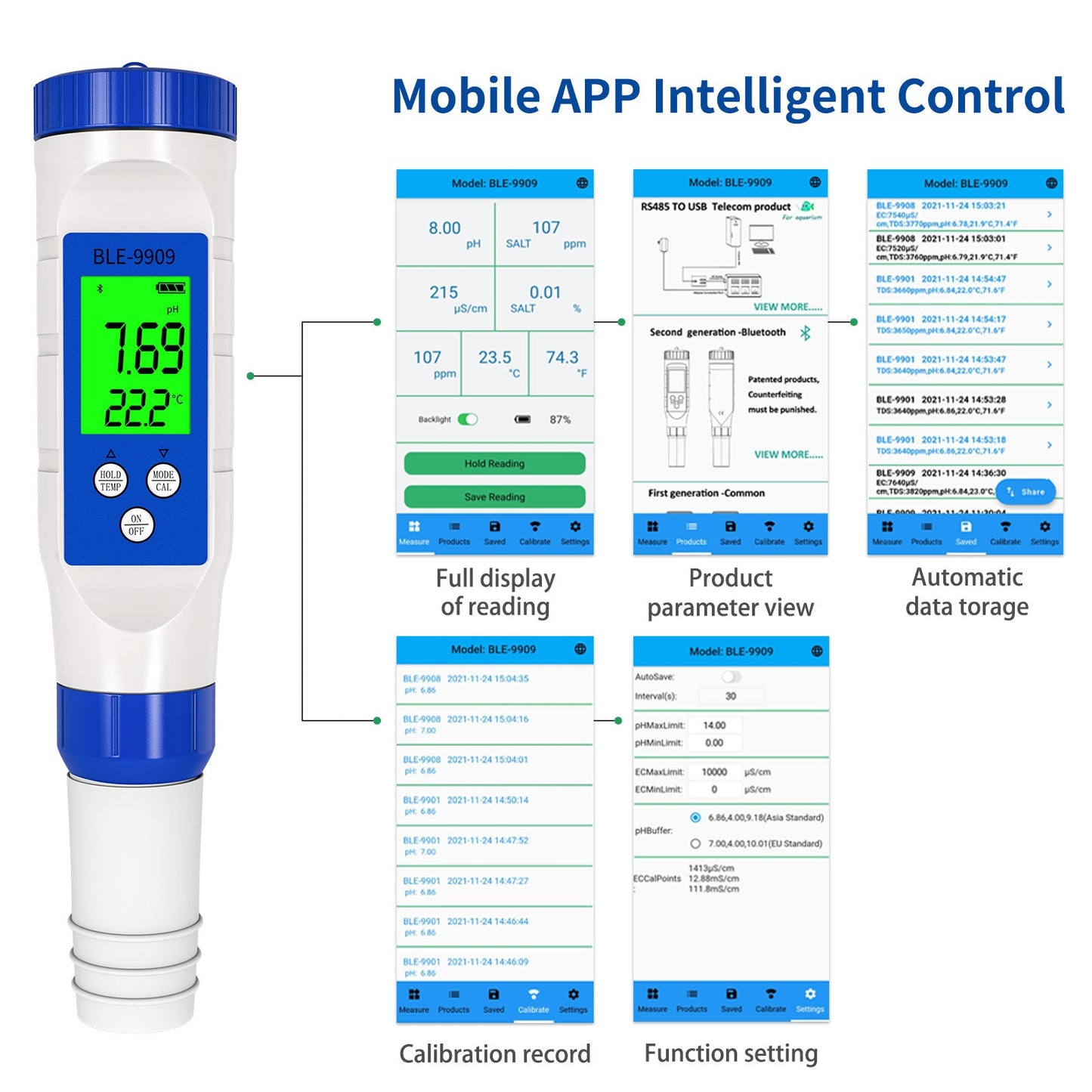 YIERYI 5 in 1 Salinity Meter, TDS EC Temp pH Tester, Bluetooth pH Meter for Drinking, Pool, Swimming Pool and Aquarium Yieryi