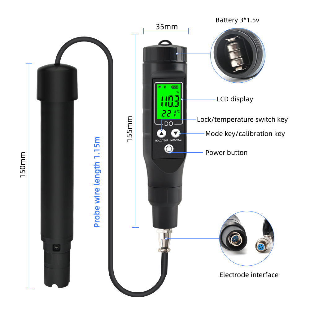 YIERYI Smart Bluetooth Dissolved Oxygen Meter,  0.0-30.0mg/L 0.0-300% Dissolved Oxygen Detector Yieryi