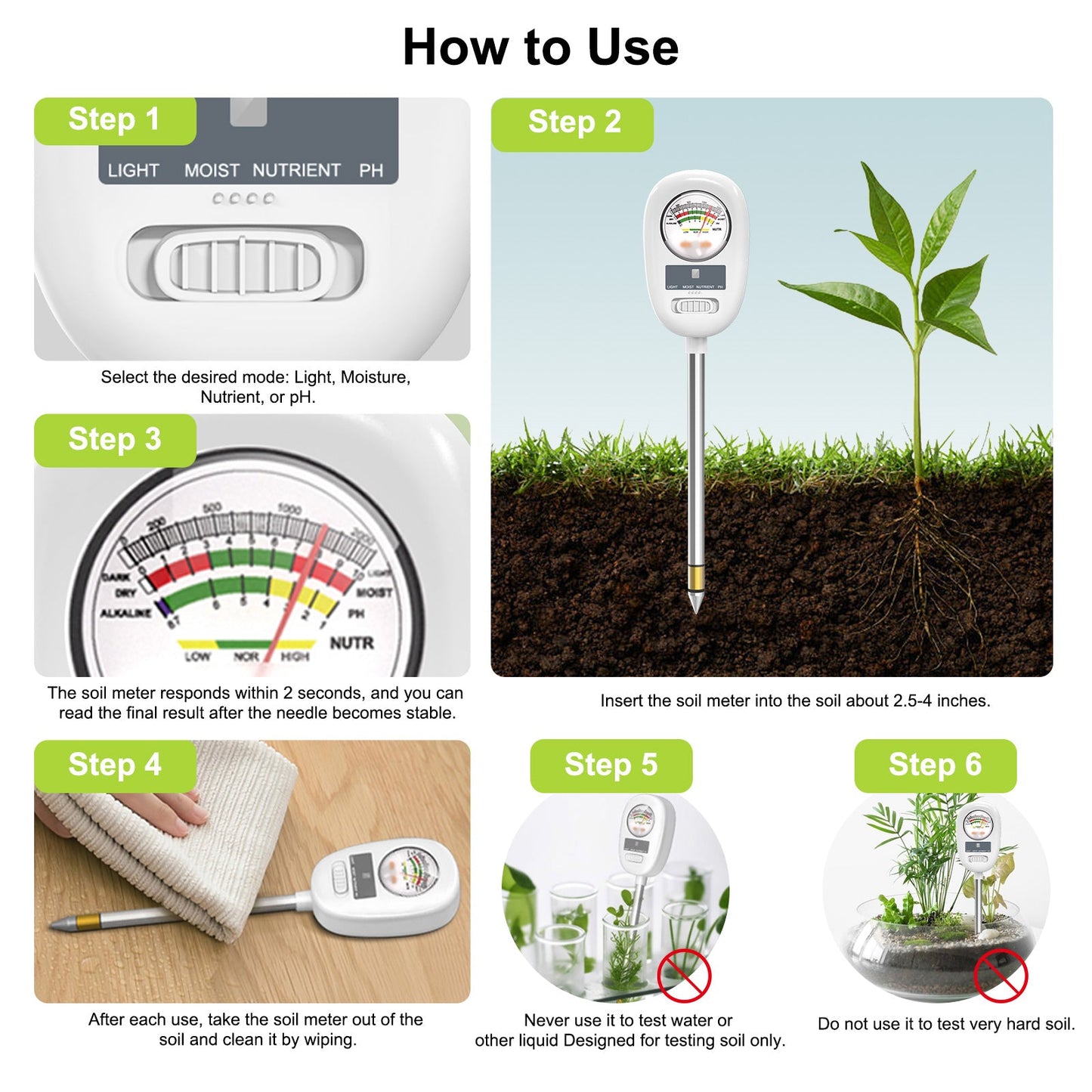 YIERYI 4 in 1 Soil pH Meter, Soil Moisture Meter, Soil Tester for Moisture, Light, Nutrients, pH, Soil Meter Kit Great for Garden, Lawn, Farm Yieryi