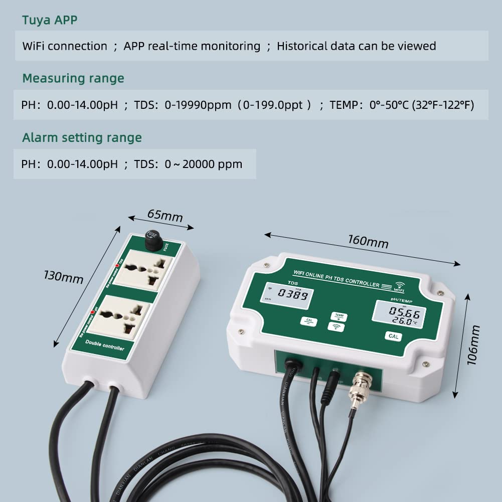 YIERYI WiFi Water Quality Monitor with Controller, Online pH TDS Monitor, Support Tuya APP Remote Control Yieryi