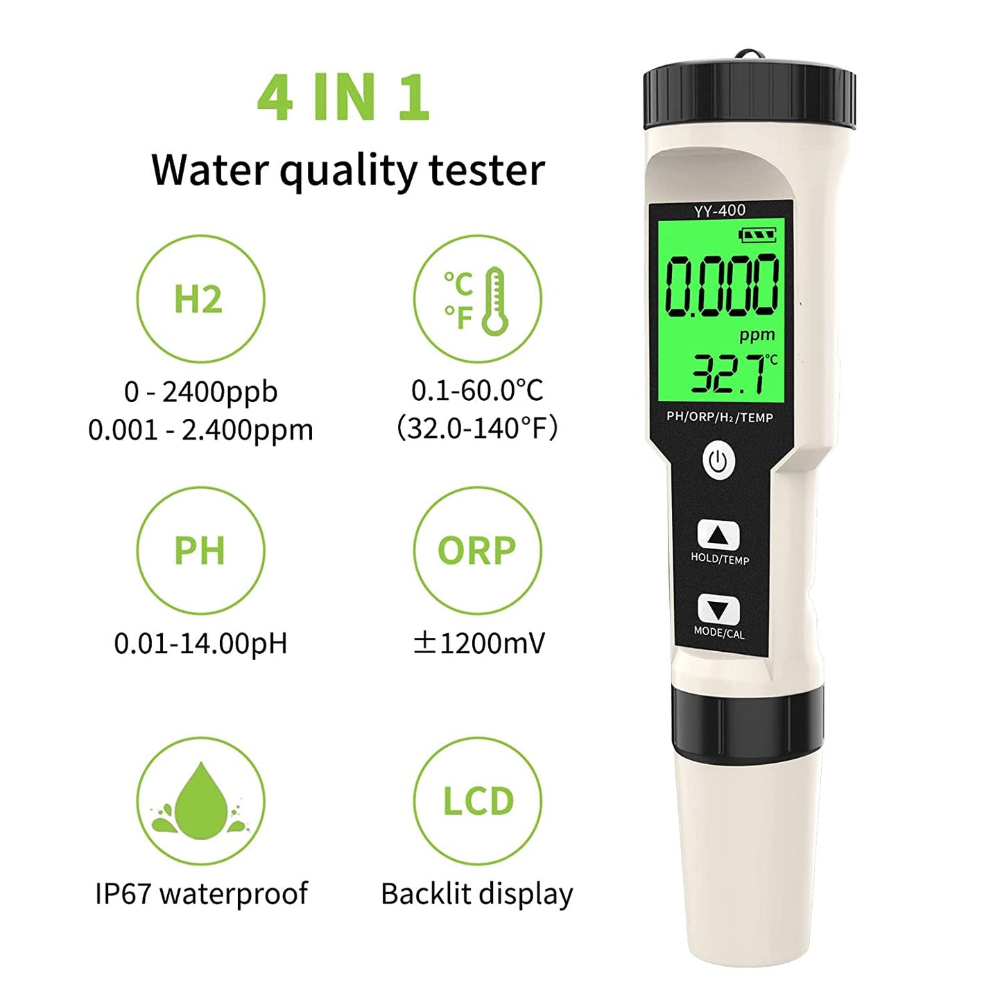 YIERYI pH Meter, Digital 4-in-1 pH ORP H2 Temp Meter, Hydrogen Tester with ATC, 0.01 Resolution High Accuracy pH Tester for Drinking Water