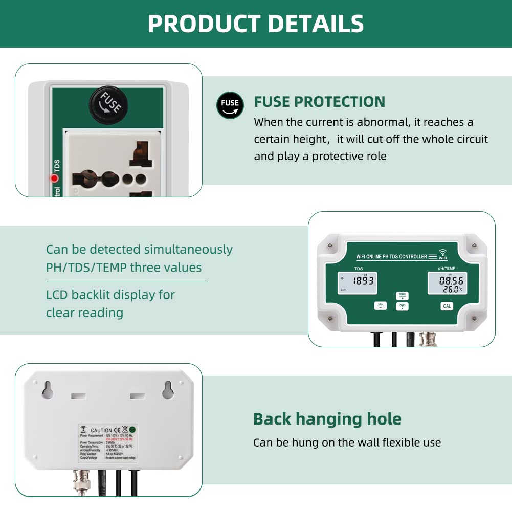 YIERYI WiFi Water Quality Monitor with Controller, Online pH TDS Monitor, Support Tuya APP Remote Control Yieryi