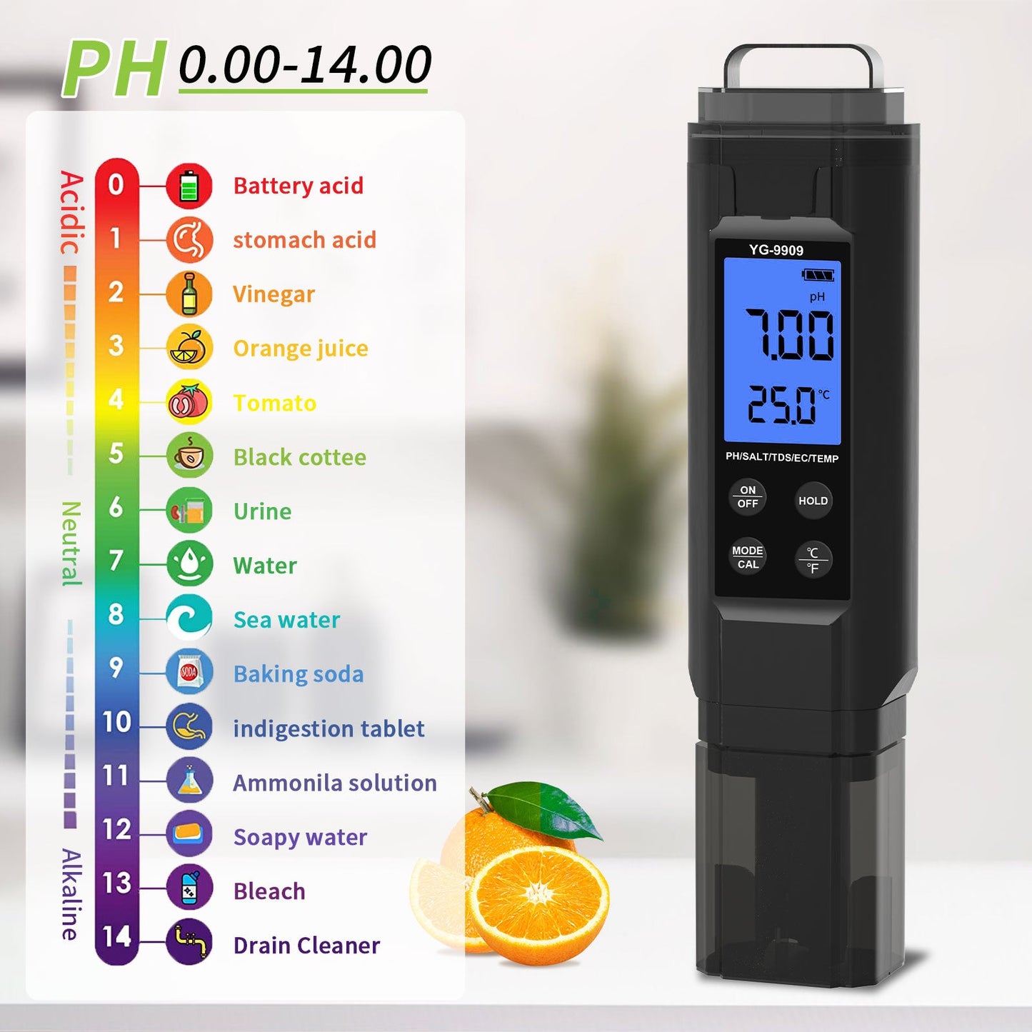 YG-9909 Digital 5-in-1 Water Quality Tester pH/TDS/EC/Salinity/Temperature Meter Yieryi