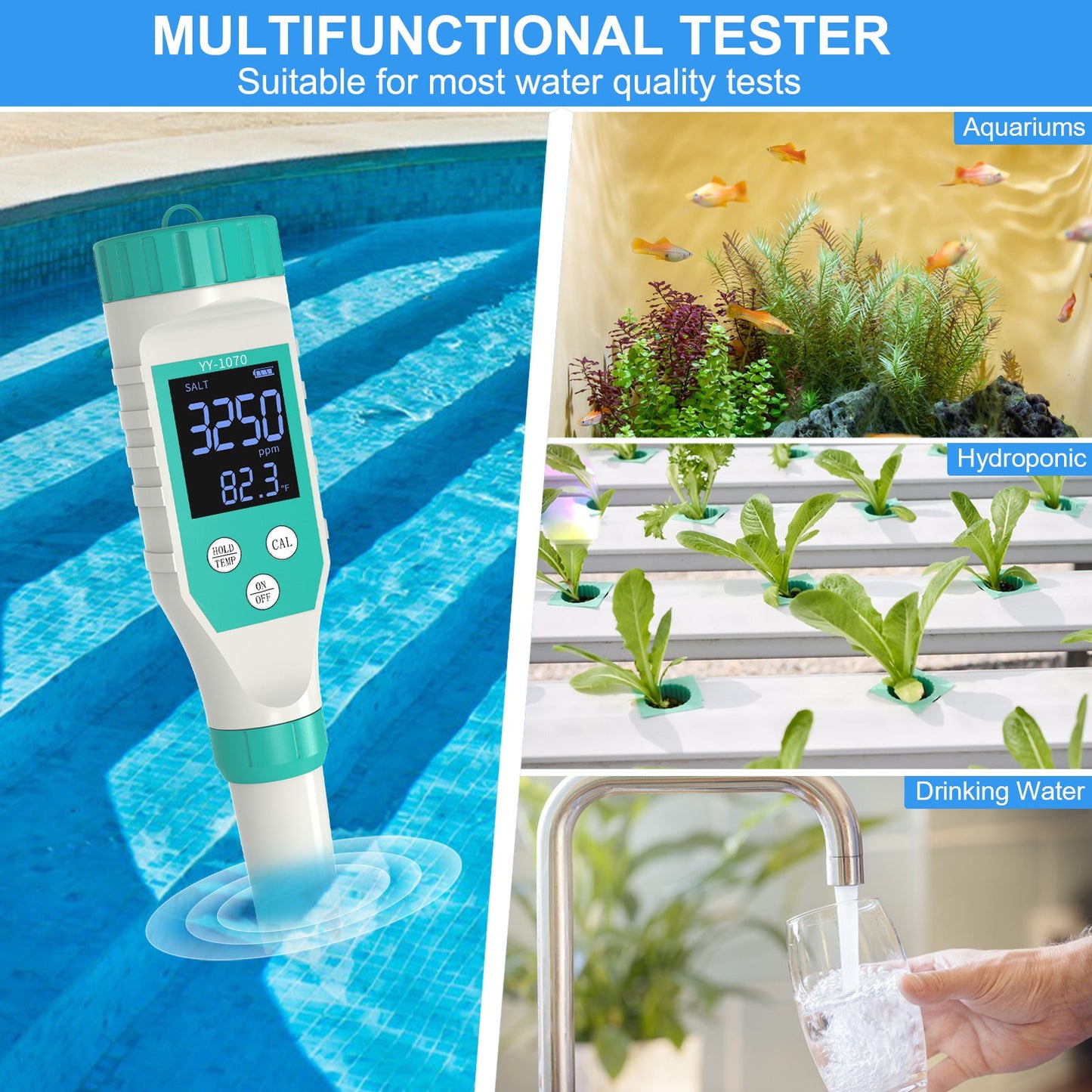 YIERYI Chlorine Meter & Pool Salt Tester, 7 in 1 pH Tester & Salinty Meter for Saltwater Aquarium Sodium Chlorine Swimming Poos Hot Tubs Spas Yieryi