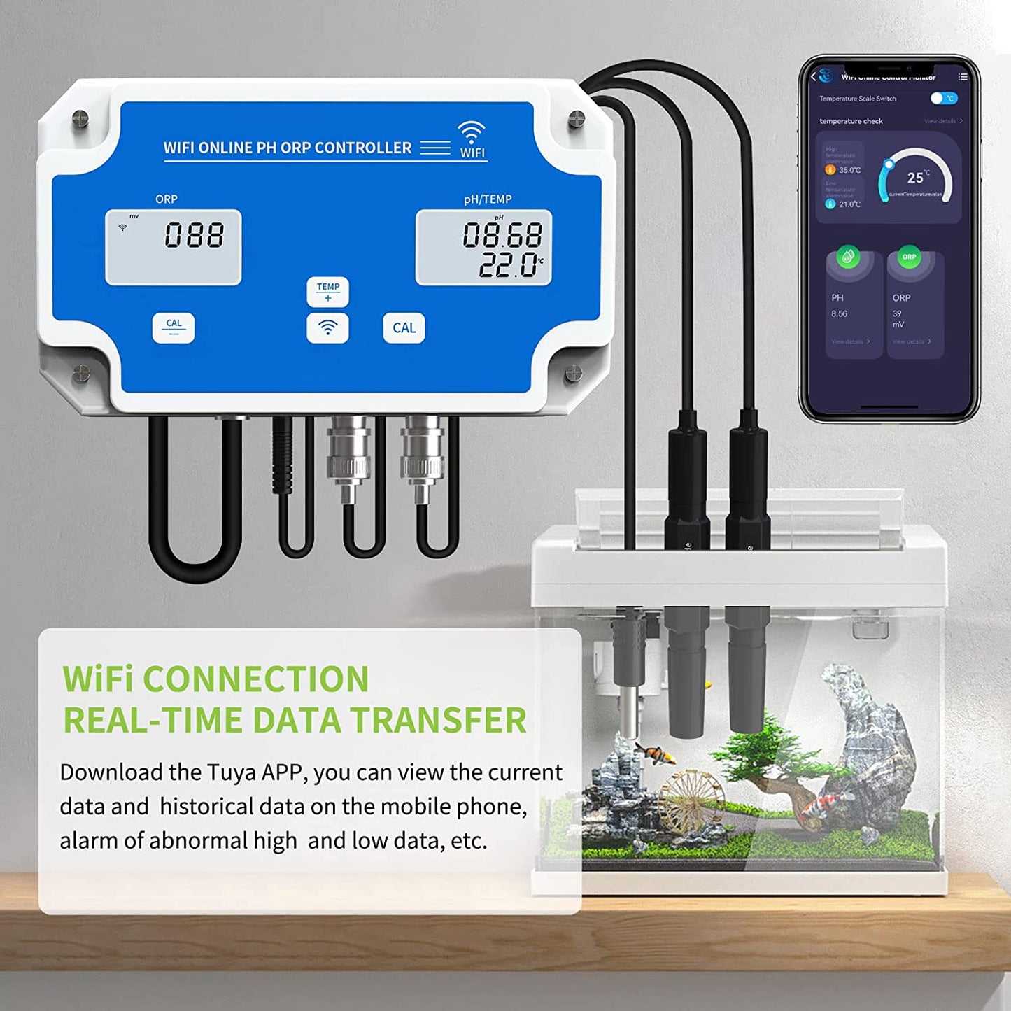 YIERYI WiFi pH Monitor, 3 in 1 pH ORP Temperature Controller Monitor, Water Quality Monitoring Tester Kit Yieryi