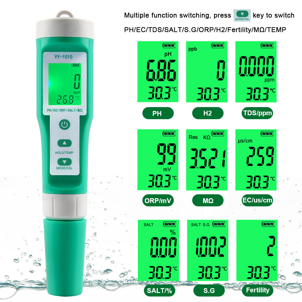 YIERYI 10 in 1 Water Quality Tester pH/TDS/EC/Salinity/Temp/S.G/ORP/H2/Fertility/Resistivity Meter Yieryi