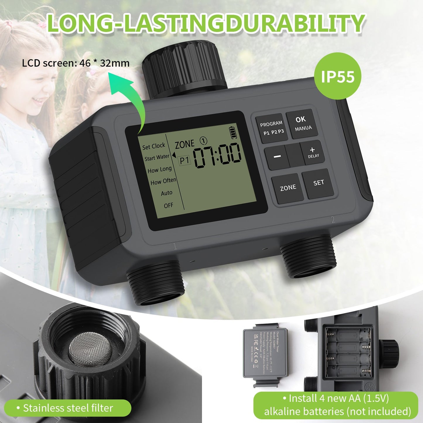 YIERYI Sprinkler Timer, Programmable Water Timer for Garden Hose, Outdoor Hose Timer for Lawns, Yard and Pool, 2 Outlet Yieryi