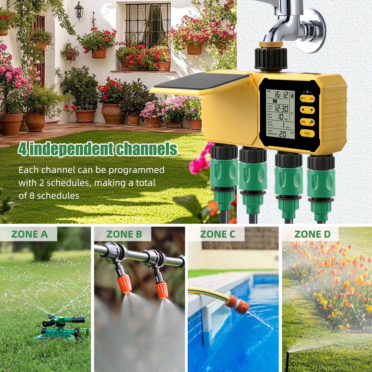 YiERYI Solar Water Timer 4 Outlet Irrigation Controller with Rain Sensor, Automatic Scheduled Watering System with Child Lock for Garden Lawn Farm Irrigation Valve Yieryi