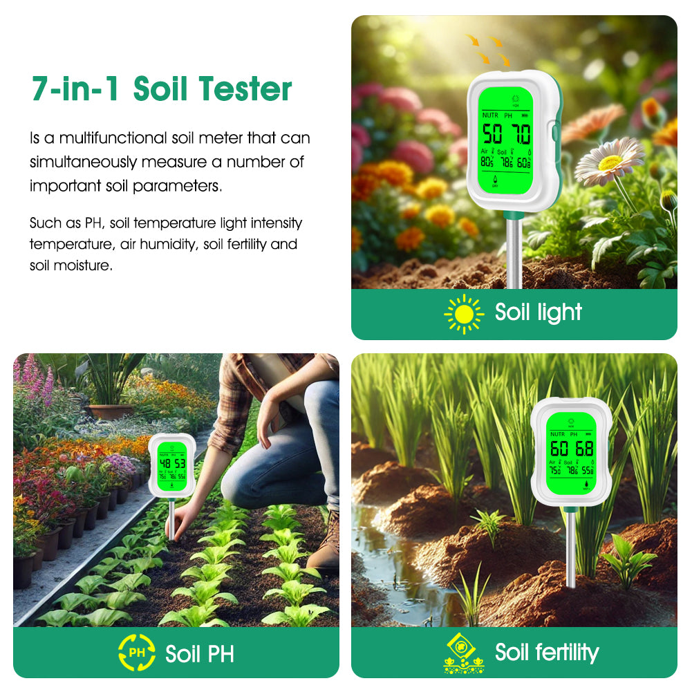 Yieryi 7-in-1 Soil Tester for Gardening & Farming | Monitor Soil pH, Moisture, Fertility, Temperature, Light & Humidity Yieryi
