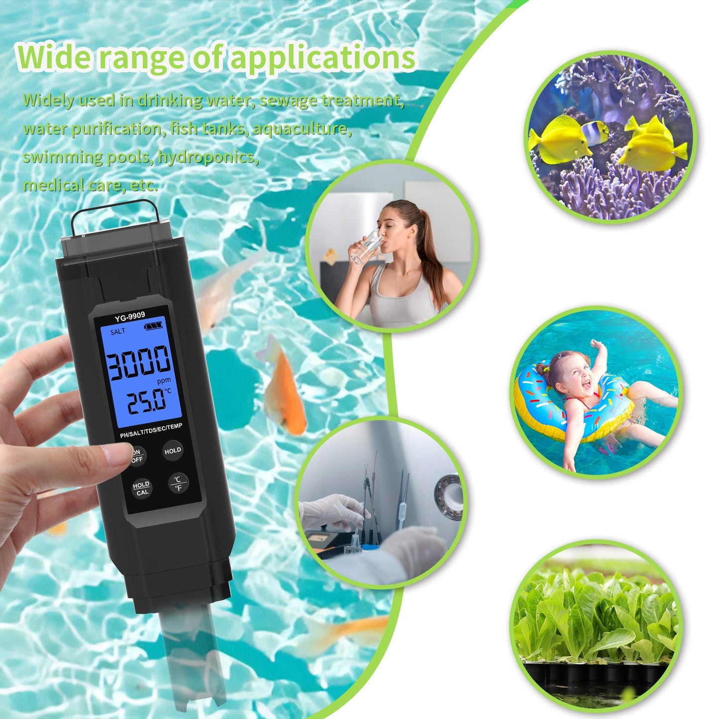 YG-9909 Digital 5-in-1 Water Quality Tester pH/TDS/EC/Salinity/Temperature Meter Yieryi