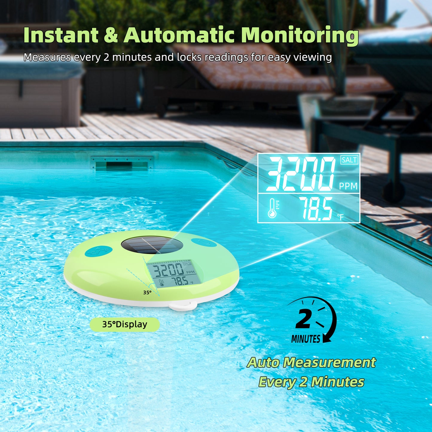 Solar-Powered Floating Pool Salt & Temperature Monitor – Waterproof, Auto-Reading, Rechargeable