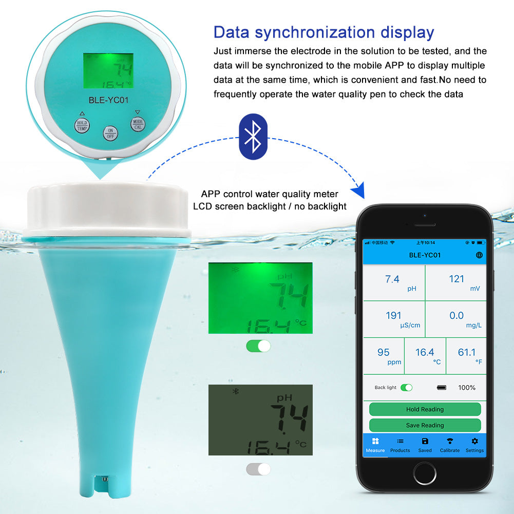 YIERYI Digital Temp CL ORP EC TDS PH Meter, Bluetooth Water Quality Tester for Swimming Pool Yieryi