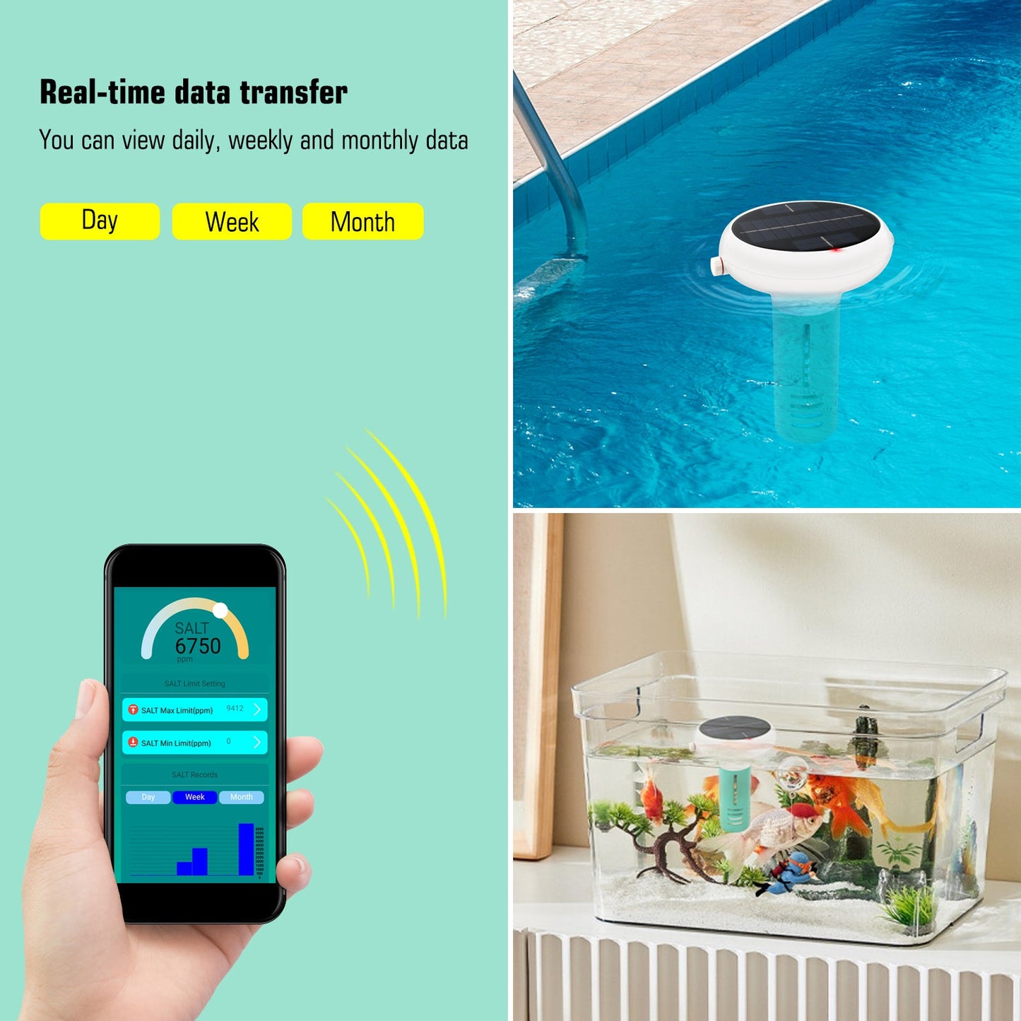 YIERYI 7-in-1 pH Meter, Pool Salt Tester, Chlorine Tester with Smart Hub, Digital Chlorine Meter for Swimming Pools Yieryi