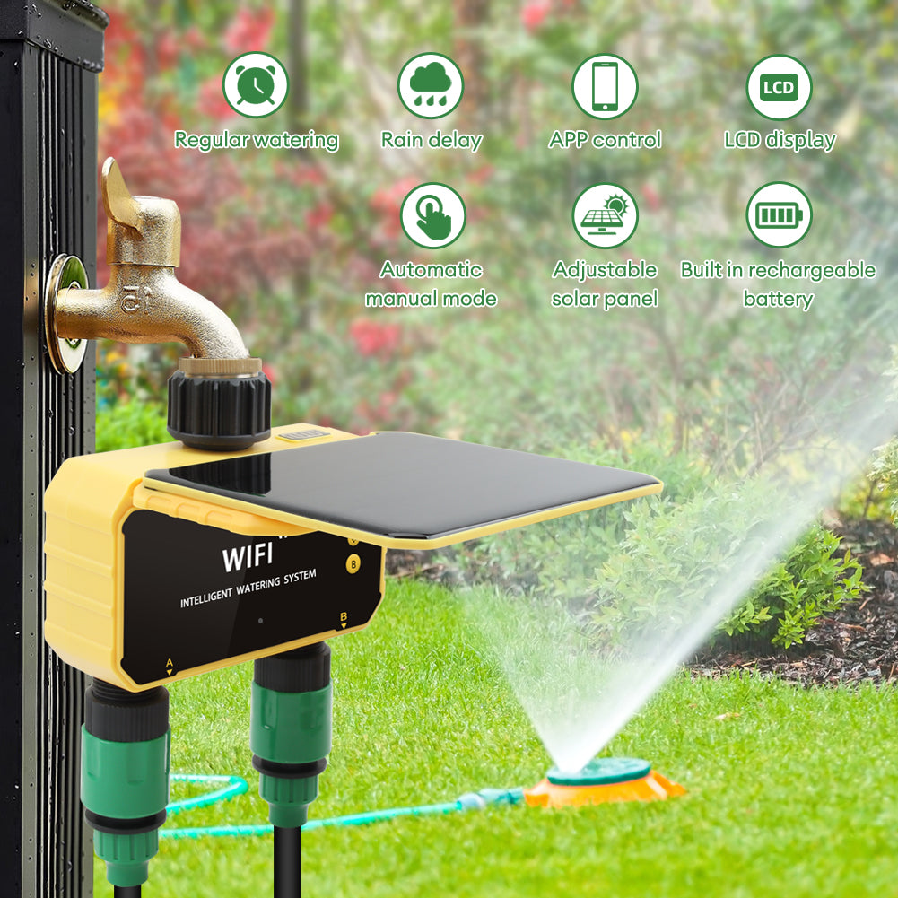 Solar Dual WiFi Water Timer with App & Rain Sensor