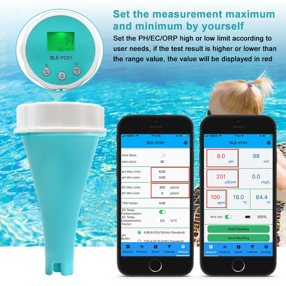 YIERYI Digital Temp CL ORP EC TDS PH Meter, Bluetooth Water Quality Tester for Swimming Pool