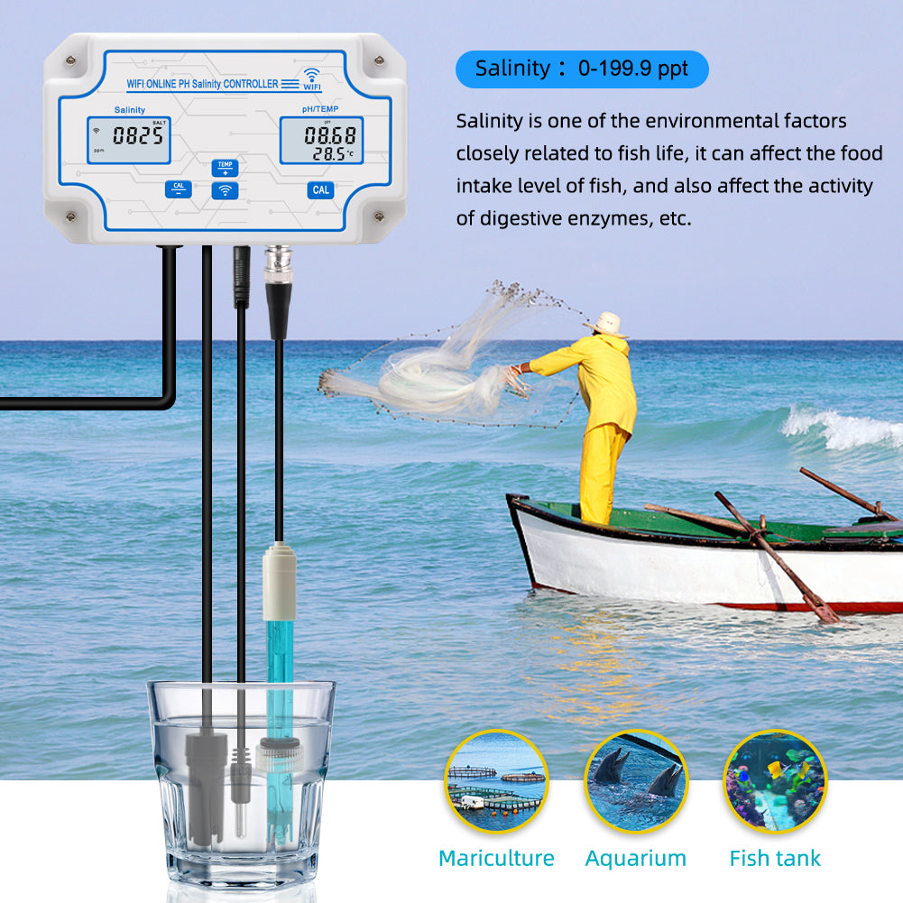 YIERYI Smart pH Meter, Seawater Salinity Tester, pH/Salt/Temp Tester for Fish Tank Aquariums Aquaculture Yieryi