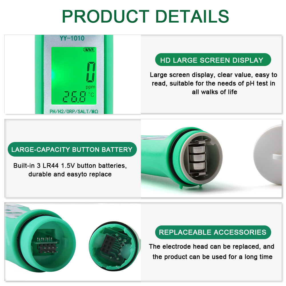 YIERYI 10 in 1 Water Quality Tester pH/TDS/EC/Salinity/Temp/S.G/ORP/H2/Fertility/Resistivity Meter Yieryi