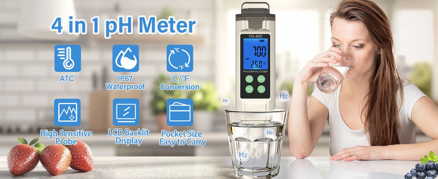 water quality monitoring 4 in 1 PH ORP H2 Temperature Meter ORP-1000 mV to+1000 mV Yieryi
